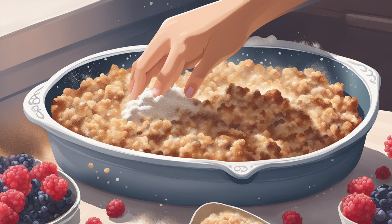 A hand reaching into an oven to pull out a bubbling, golden-brown berry crumble in a ceramic baking dish, surrounded by scattered berries and a dusting of powdered sugar