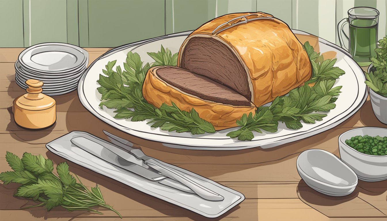 A beef wellington being reheated in the oven, surrounded by fresh herbs and placed on a serving platter