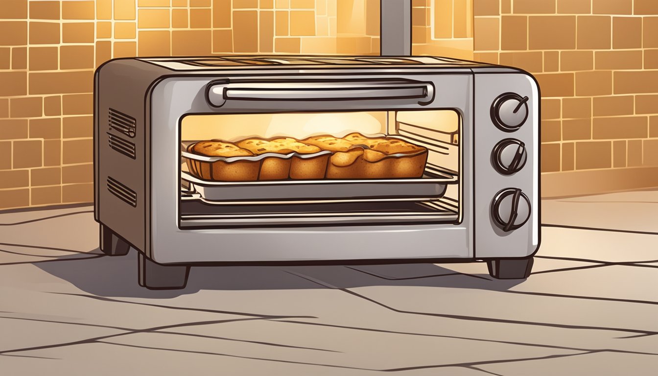 A slice of bread pudding being gently warmed in the oven, surrounded by the warm glow of the appliance's interior