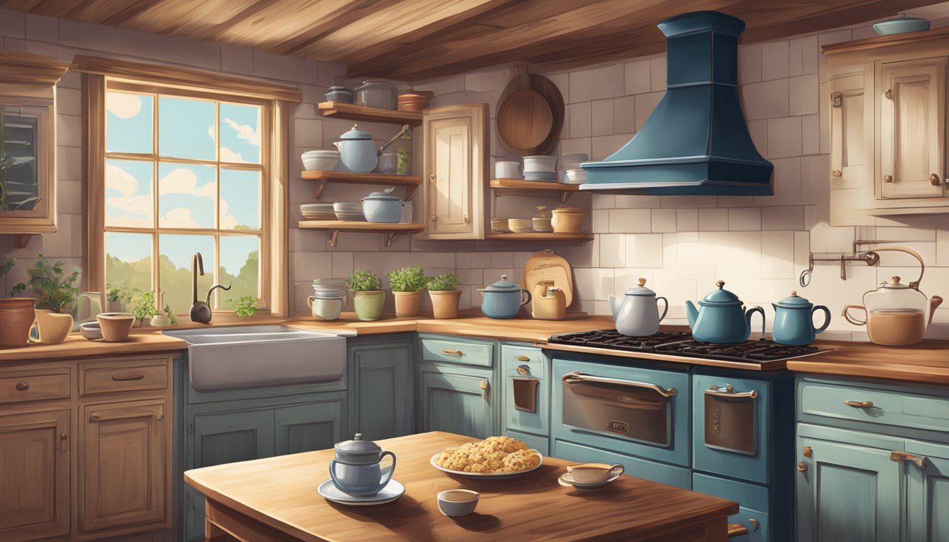 A rustic kitchen with a vintage oven, a baking dish of berry crumble, and a steaming pot of tea on the counter