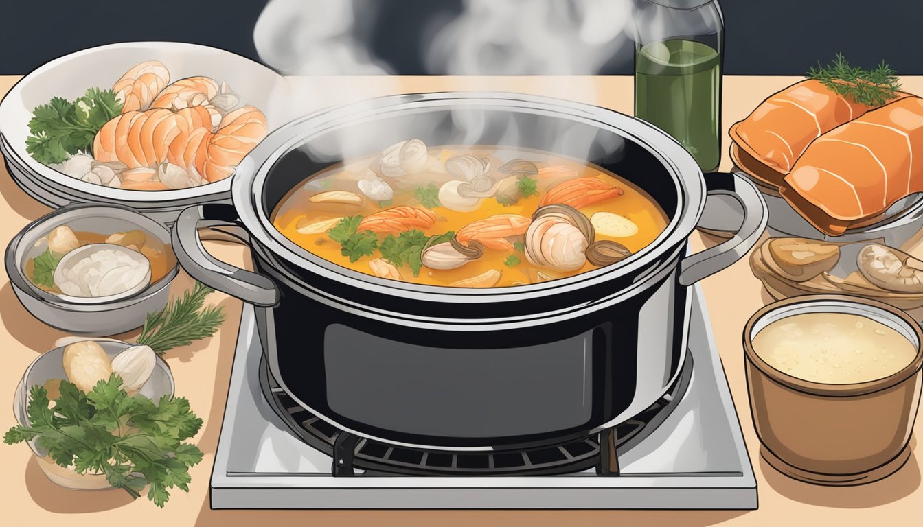 A steaming pot of bouillabaisse being gently reheated on a stovetop, with fragrant steam rising and the rich seafood broth bubbling gently