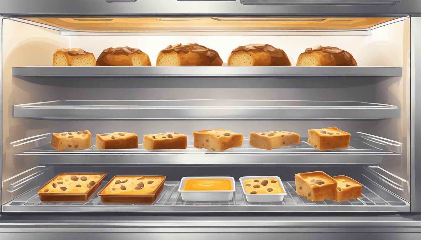 A slice of bread pudding being carefully wrapped in plastic wrap and placed in the refrigerator, followed by the reheating process in the oven