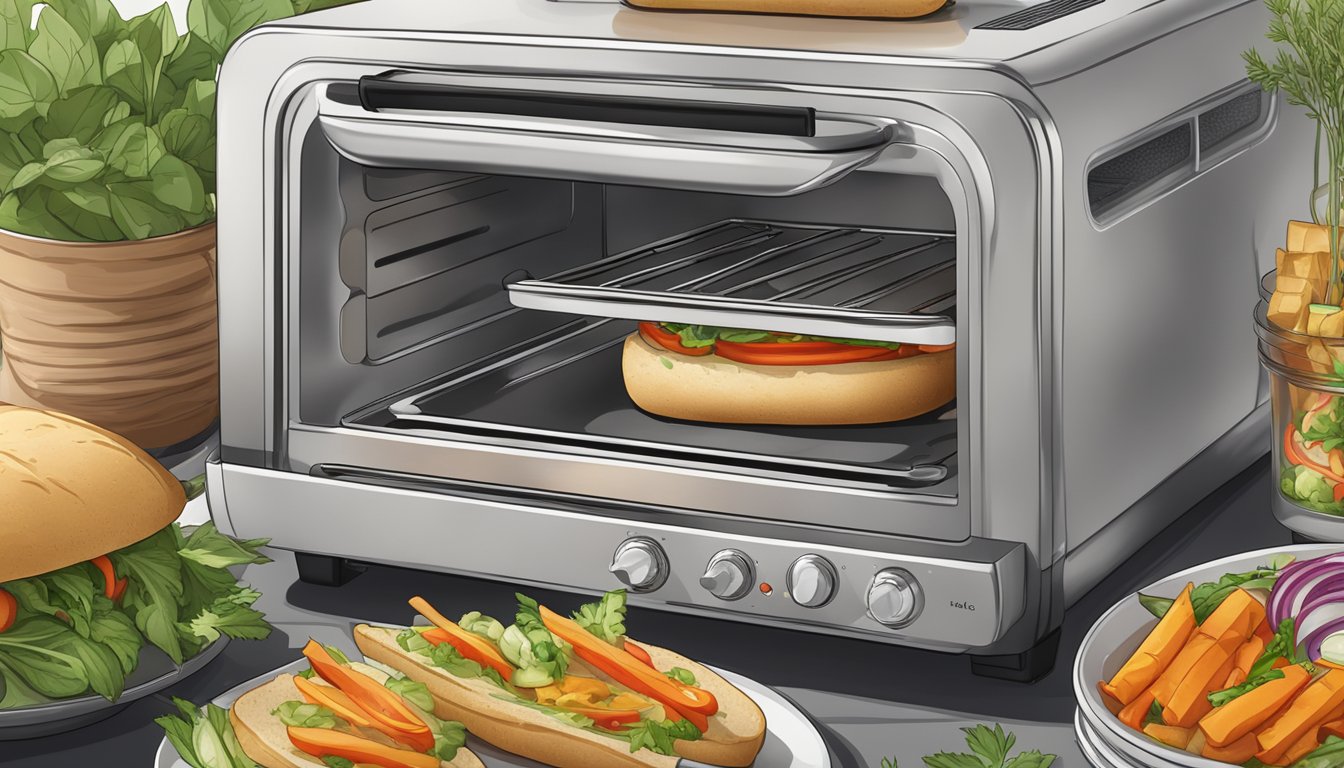 A toaster oven with a golden-brown banh mi sandwich inside, emitting steam, surrounded by fresh herbs and a side of pickled vegetables