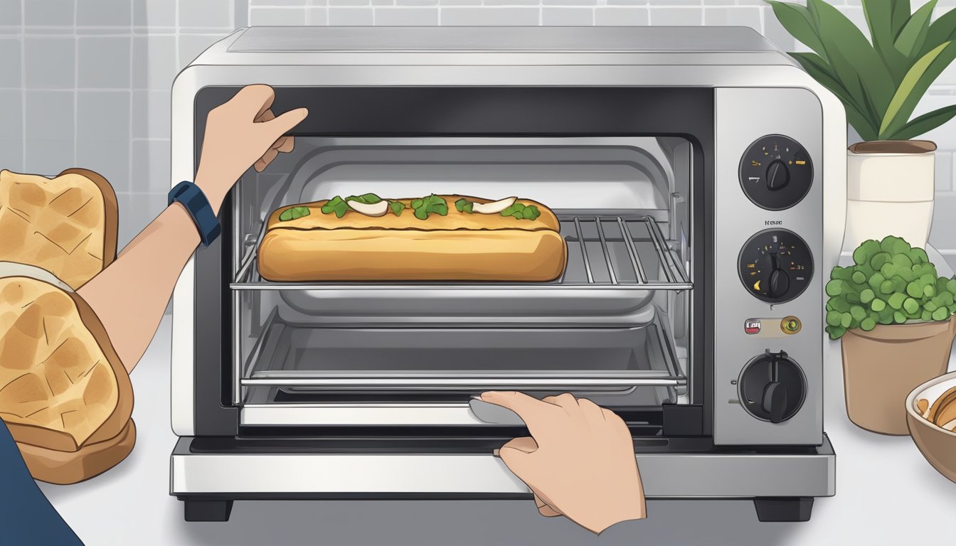 A person placing a Bnh m sandwich in a toaster oven, carefully monitoring it as the bread becomes golden and crispy