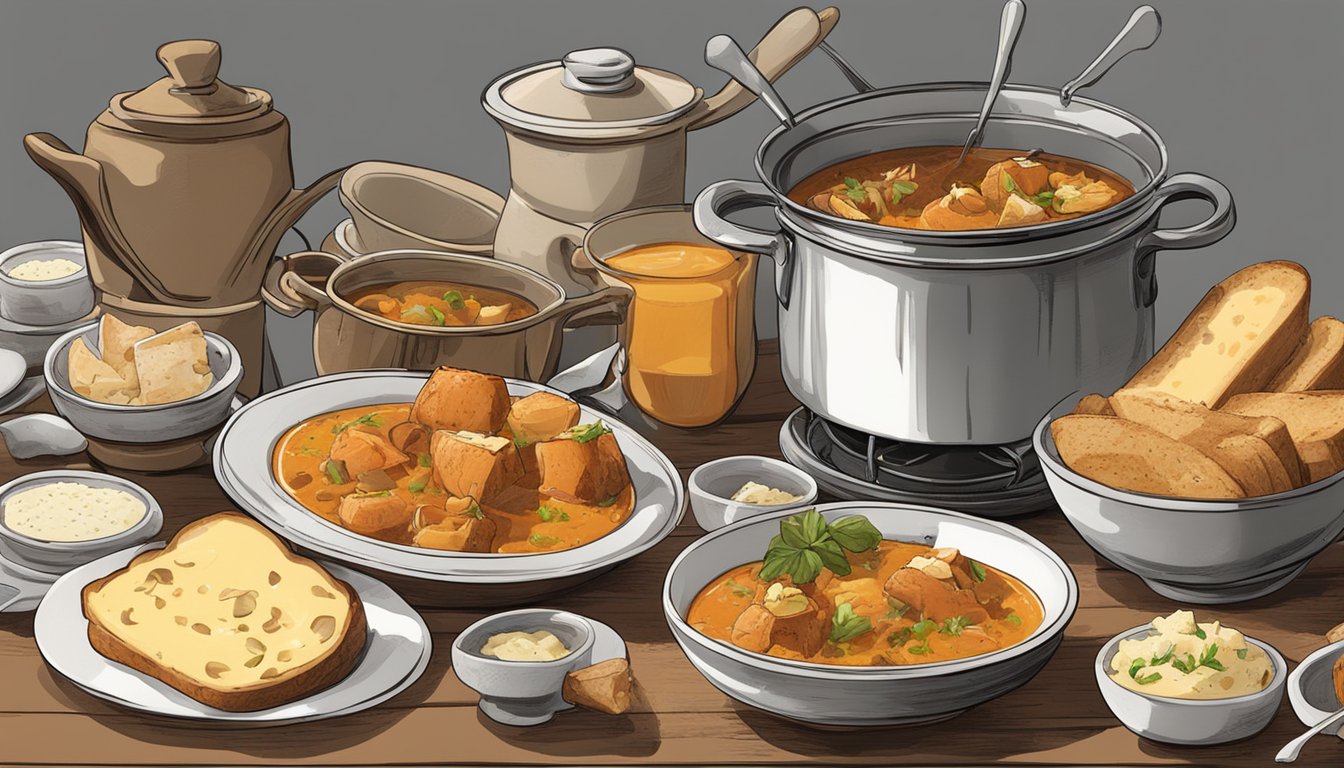 A steaming pot of bouillabaisse surrounded by bowls of crusty bread and small dishes of rouille and grated cheese