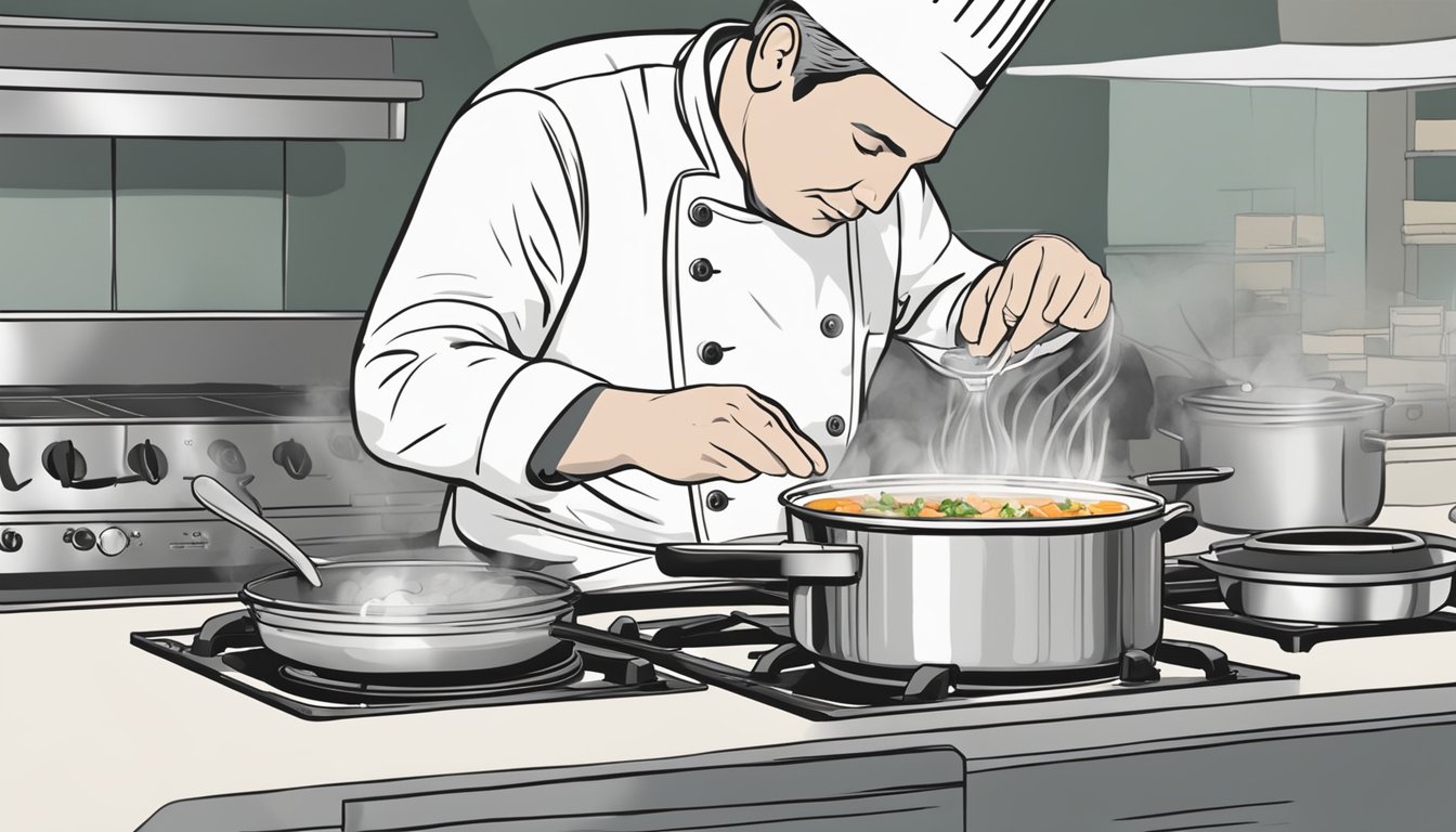 A steaming pot of bouillabaisse being gently reheated on a stovetop, with a chef carefully monitoring the temperature and adding fresh herbs for flavor