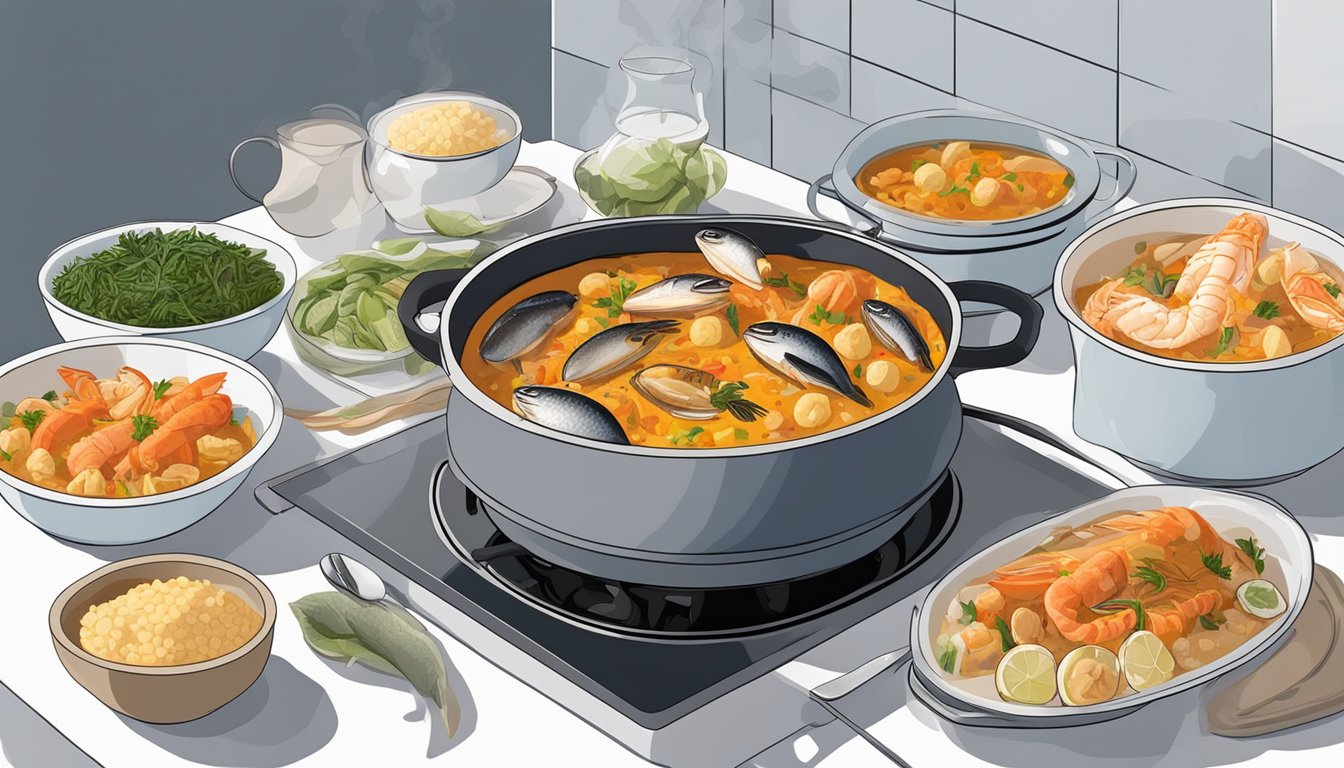 A steaming bowl of bouillabaisse being gently reheated on a stovetop, surrounded by various alternative seafood dishes like paella and seafood risotto