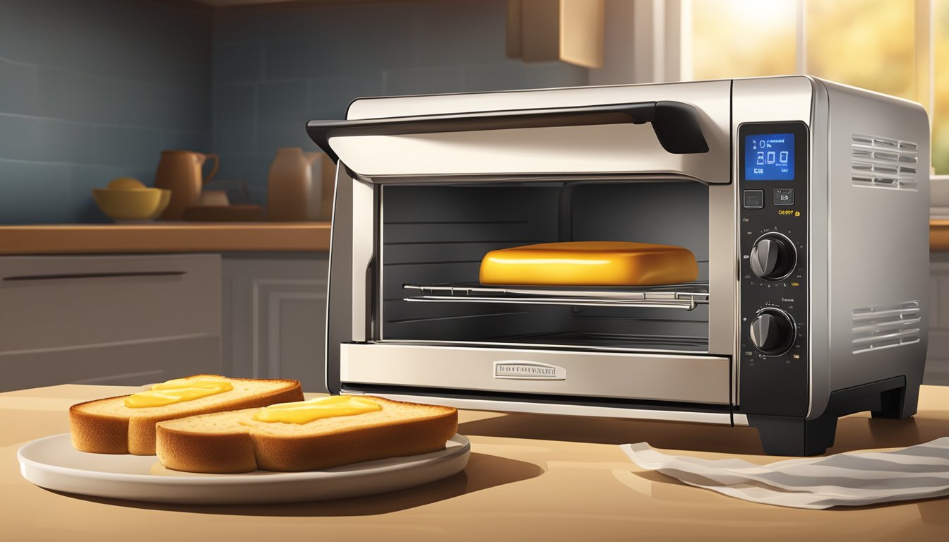 A toaster oven with a breakfast sandwich inside, emitting warm, golden light