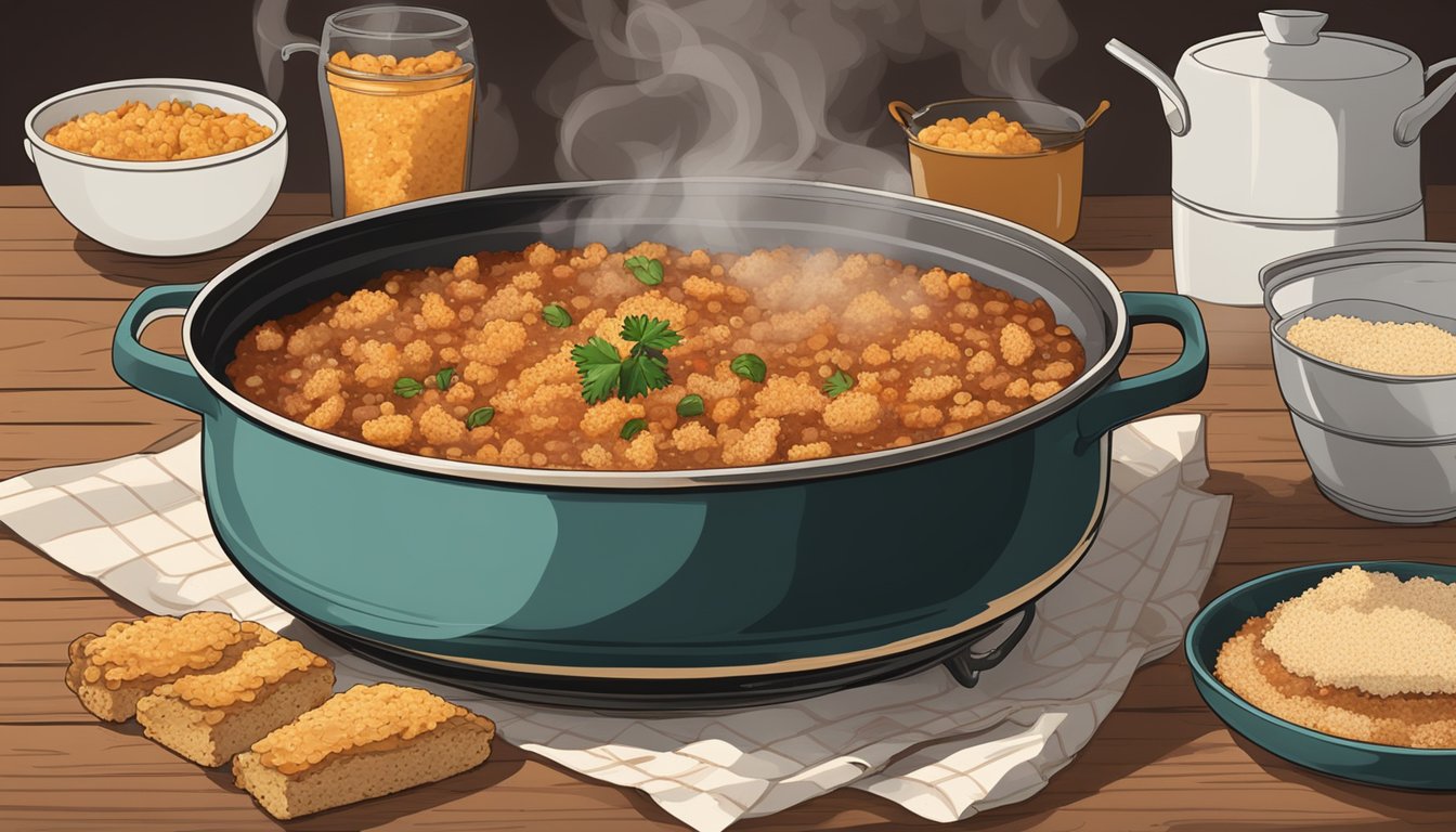 A steaming bowl of cassoulet sits on a rustic table, surrounded by a pot of simmering water and a pan of sizzling breadcrumbs