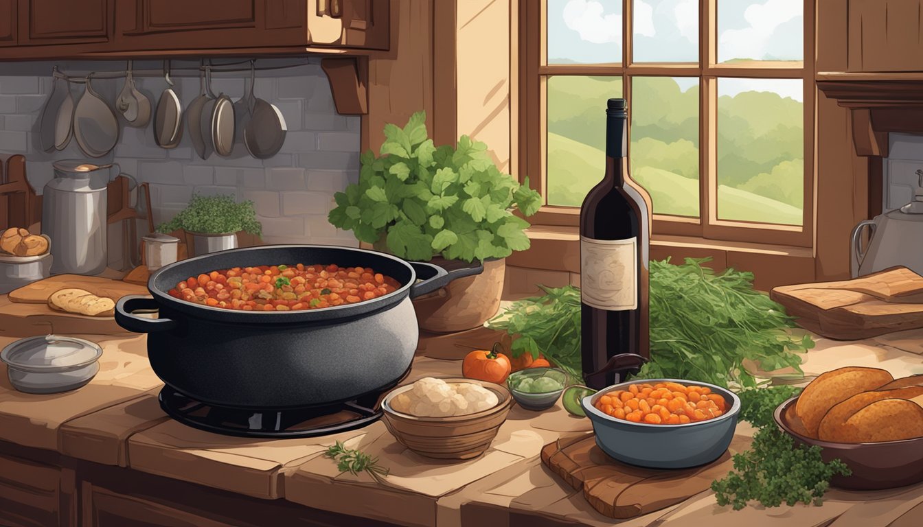 A rustic kitchen with a bubbling cast iron pot of cassoulet on a stovetop, surrounded by fresh herbs, crusty bread, and a bottle of red wine