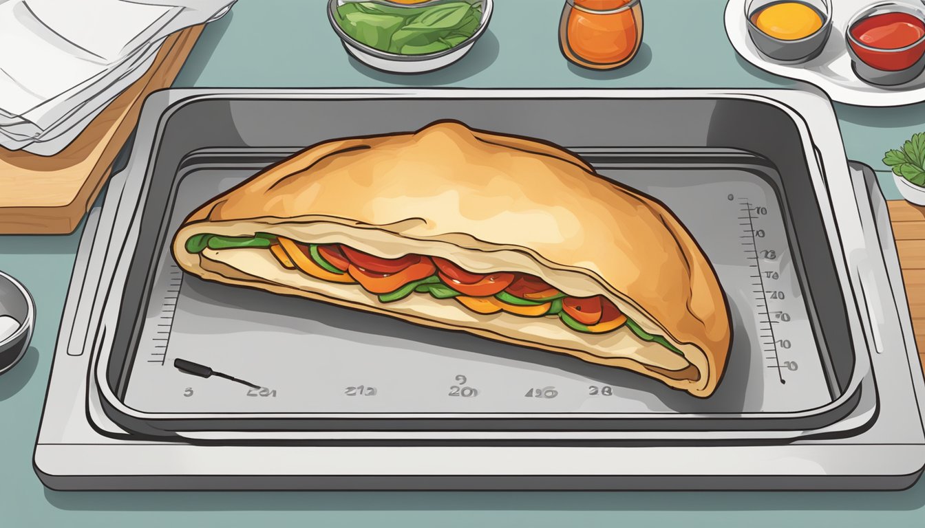 A calzone sits on a baking sheet, surrounded by evenly spaced heat sources, with a thermometer nearby to ensure even reheating