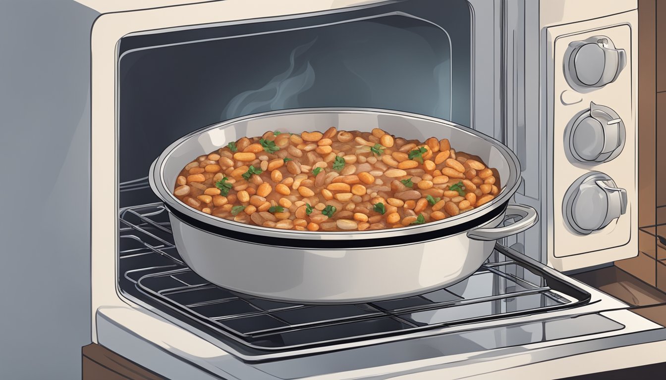 A bowl of cassoulet being placed in a microwave next to a pot of simmering water on a stove