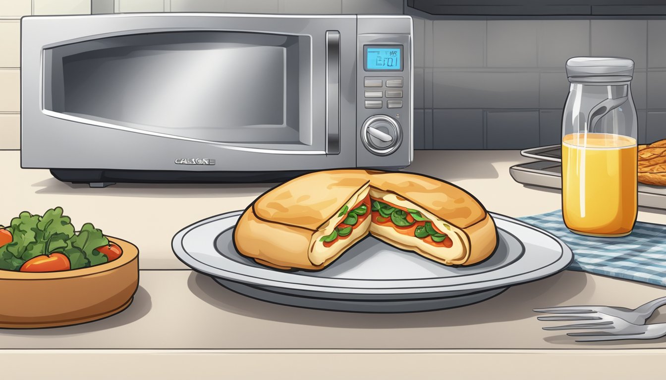 A calzone placed on a microwave-safe plate, with a microwave oven in the background and a toaster oven on the counter next to it