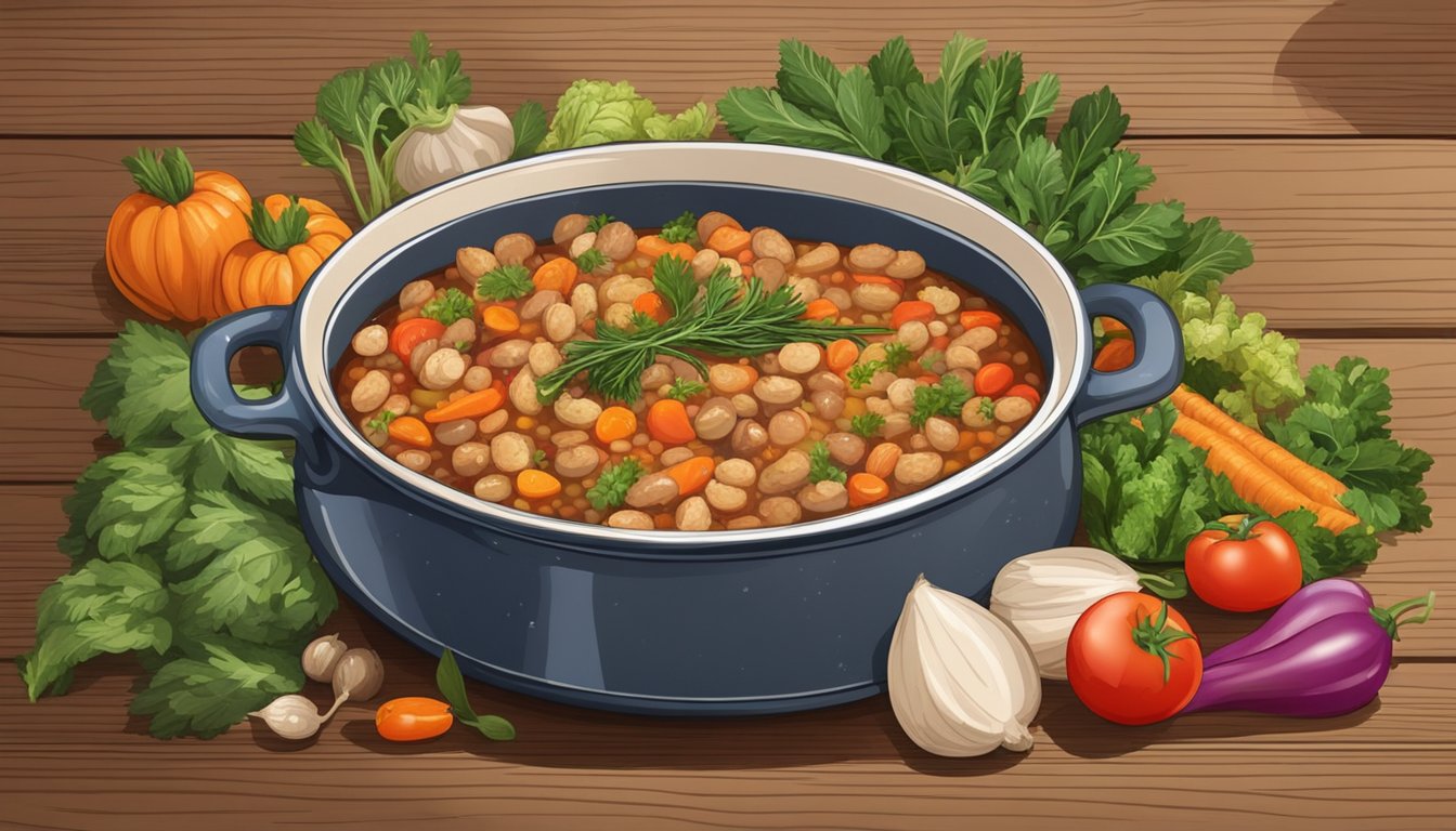 A steaming cassoulet sits in a rustic ceramic dish on a wooden table, surrounded by fresh herbs and a colorful array of vegetables