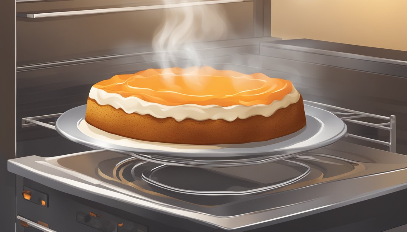 A slice of carrot cake being gently warmed in an oven, with steam rising from the moist, golden-brown surface