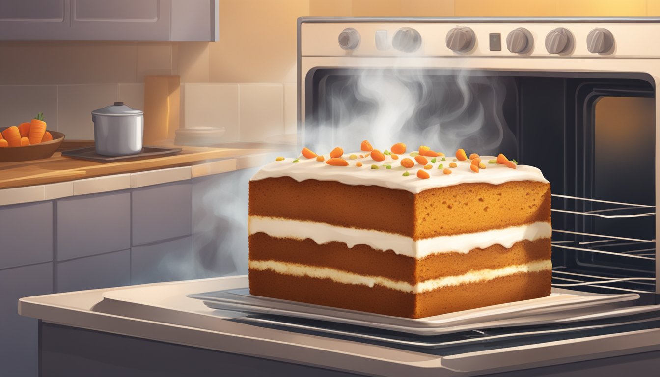 A slice of carrot cake being gently warmed in the oven, with steam rising from the moist, golden-brown surface