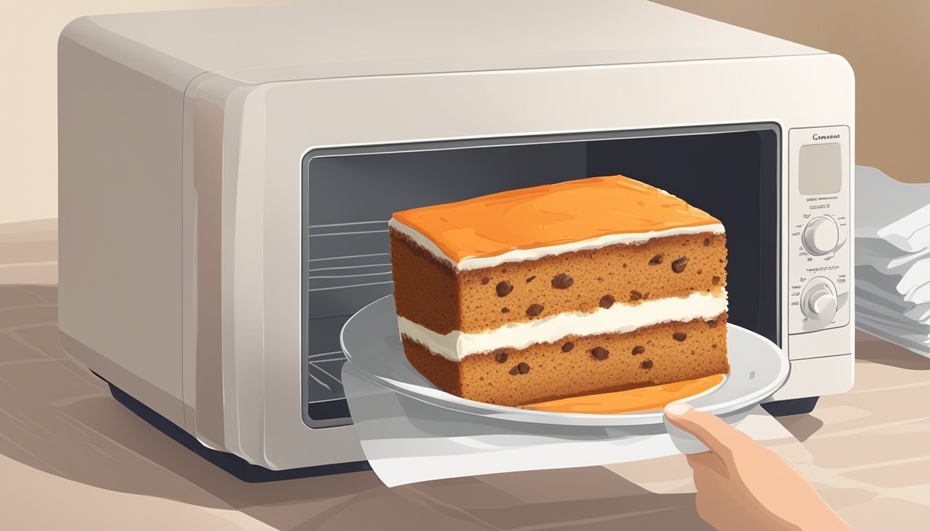 A slice of carrot cake being placed in a microwave-safe dish with a damp paper towel covering it, then being microwaved for a short period of time