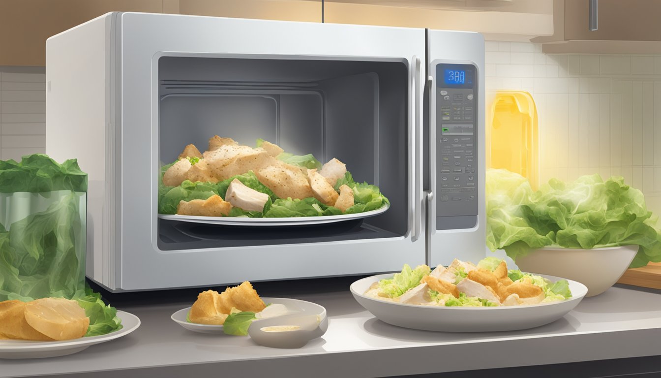 A microwave with a plate of chicken caesar salad inside, steam rising as it heats up