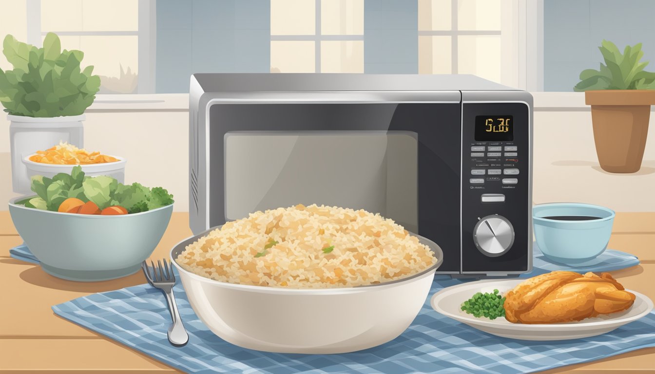 A microwave with a plate of chicken and rice inside, a fork next to it, and a timer set for reheating