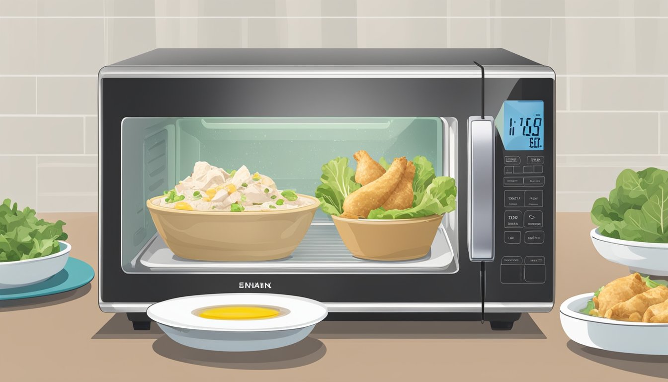 A microwave with a plate of chicken caesar salad inside, steam rising from the dish. A digital thermometer next to the plate reads 165°F