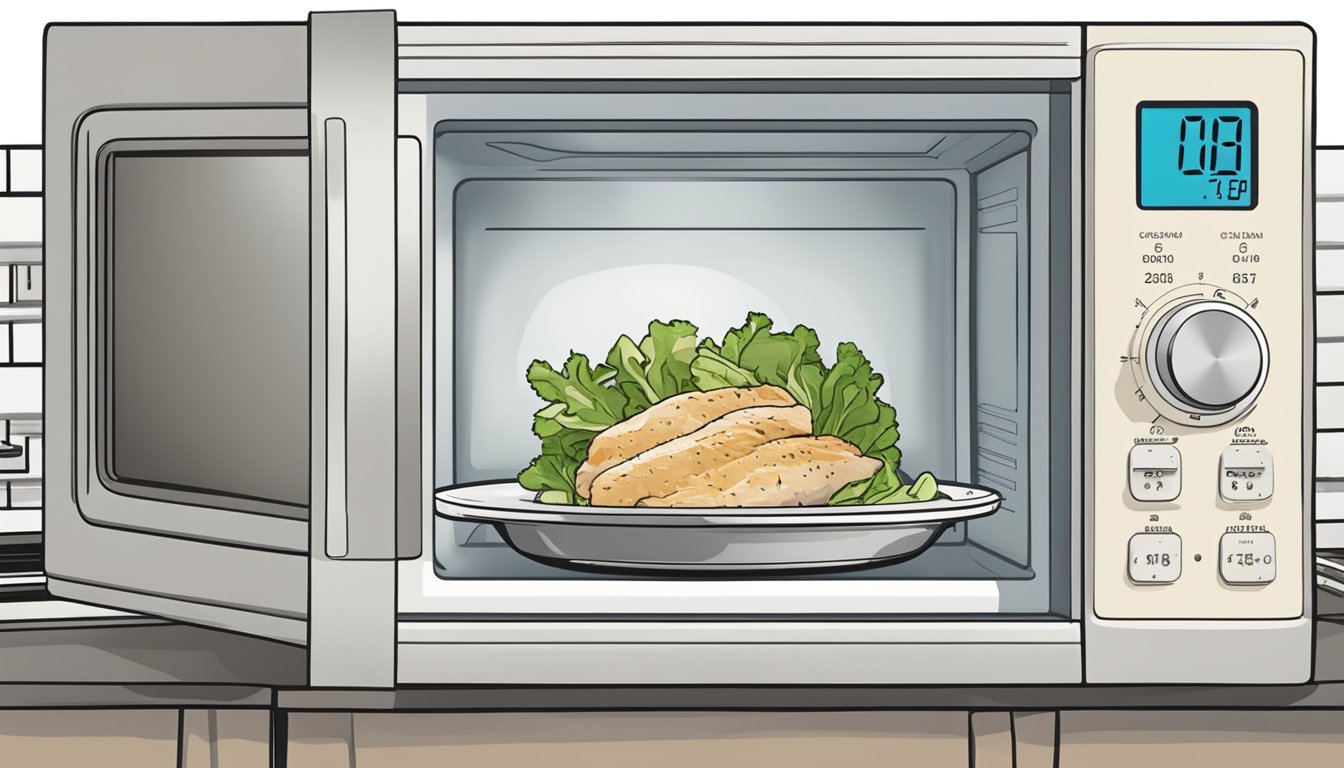 A microwave with a plate of chicken caesar salad inside, a fork next to it, and a timer set for reheating