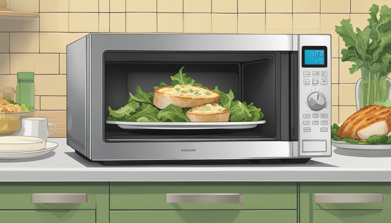 A microwave and an oven sitting side by side, with a plate of chicken caesar salad in the center