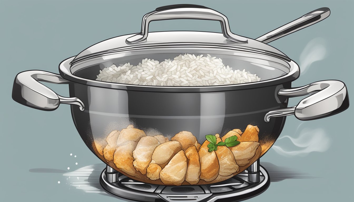 A pot with a lid on a stovetop, steam rising from a chicken and rice dish inside