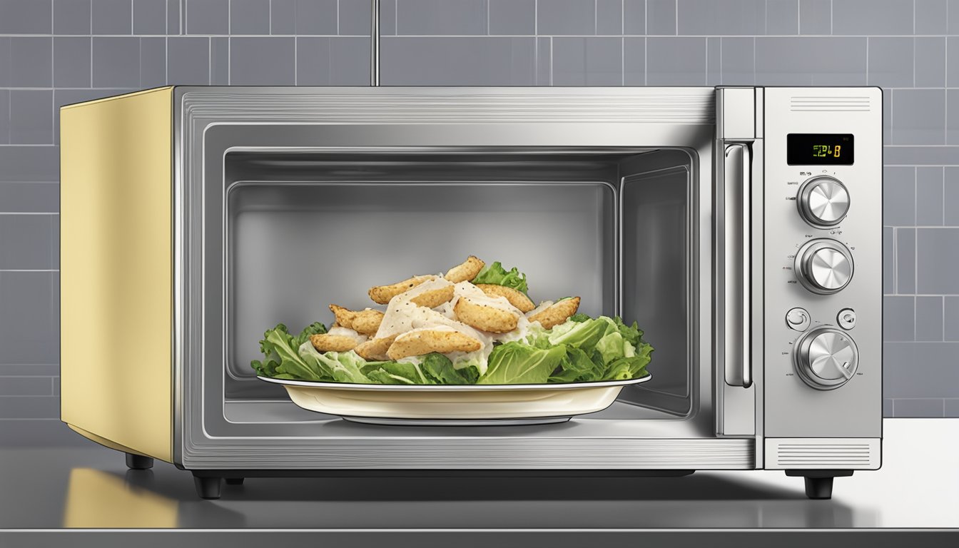 A microwave with a plate of chicken caesar salad inside, steam rising as it reheats