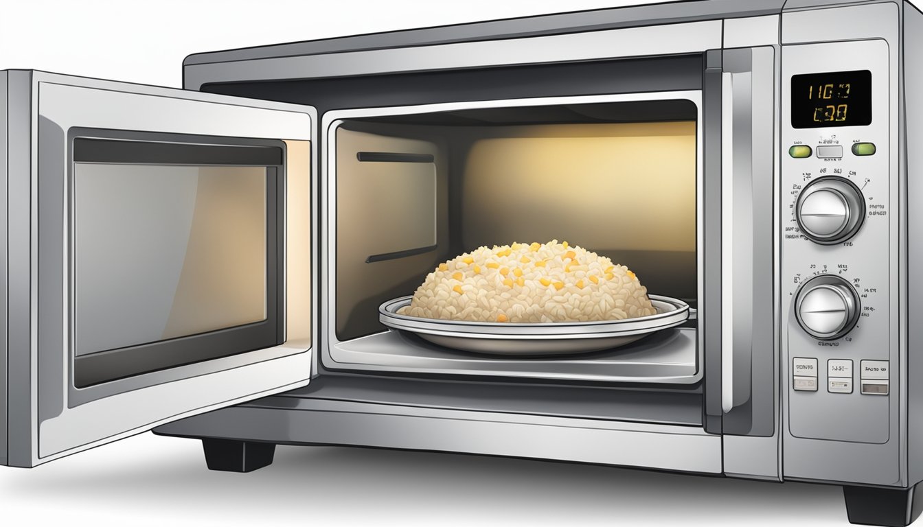 A microwave with a steaming plate of chicken and rice inside