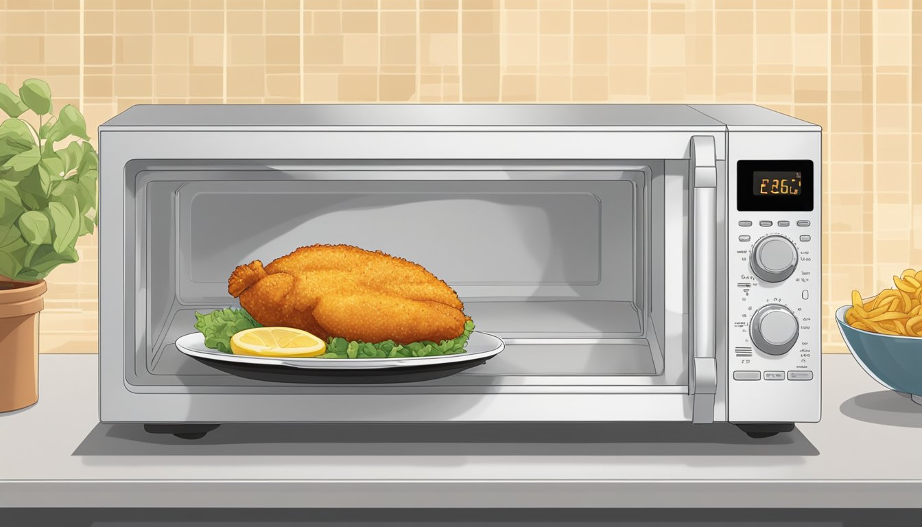 A chicken schnitzel being reheated in a microwave on a microwave-safe plate with a cover to prevent splattering