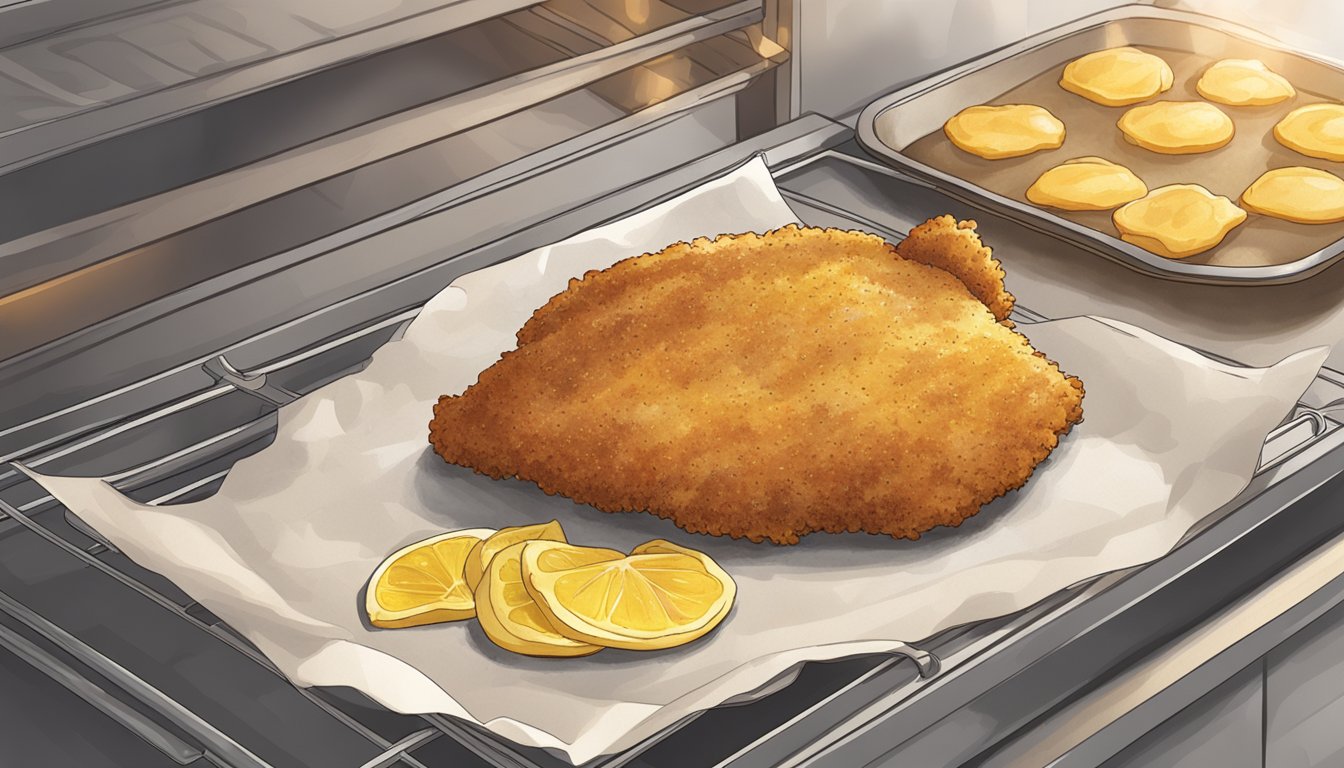 A chicken schnitzel being reheated in a preheated oven on a baking sheet lined with parchment paper, with a golden and crispy exterior