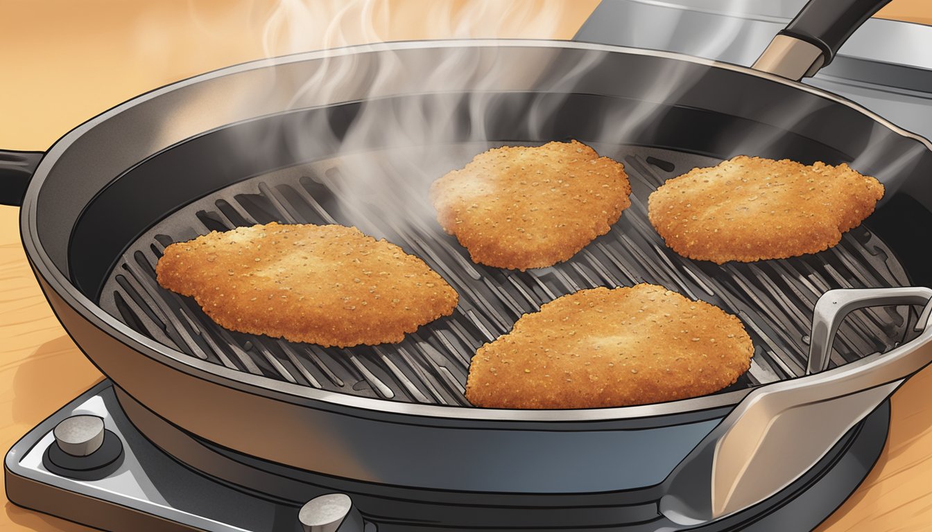 A chicken schnitzel being reheated in a hot skillet, sizzling and browning on both sides