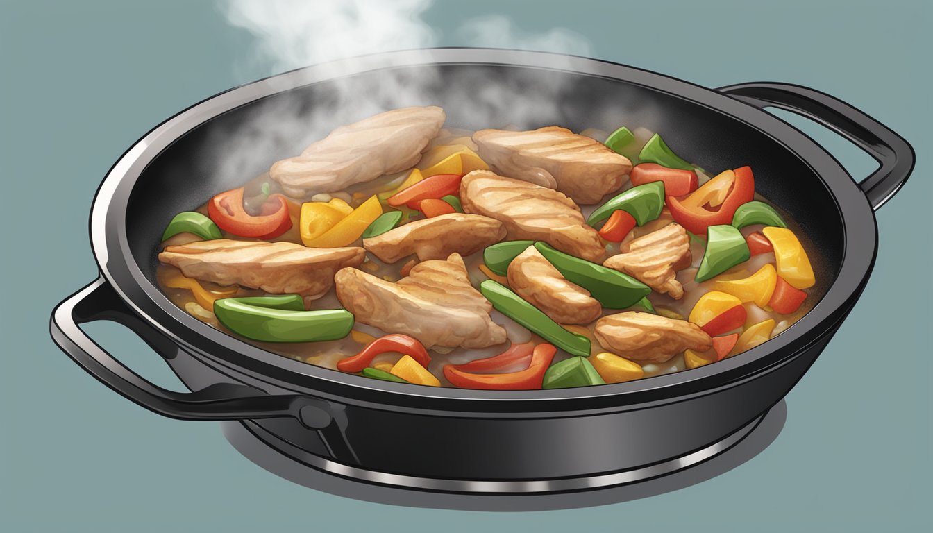 Sizzling skillet with reheated chicken fajita mix, steam rising