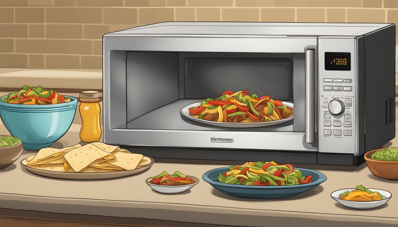 A microwave with a plate of chicken fajita mix and a bowl of tortillas on the side