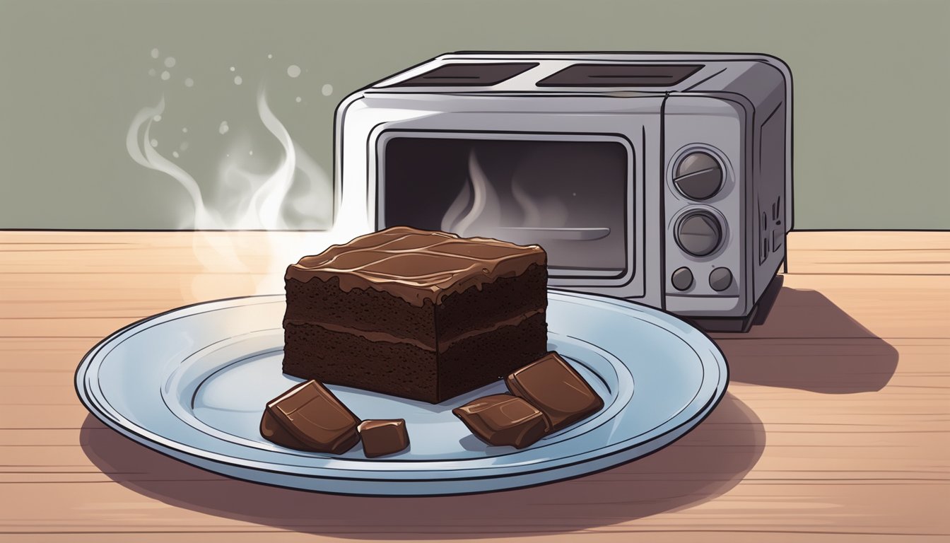 A chocolate brownie sits on a plate, steam rising from its warm, gooey center. A microwave hums in the background, ready to reheat the indulgent treat