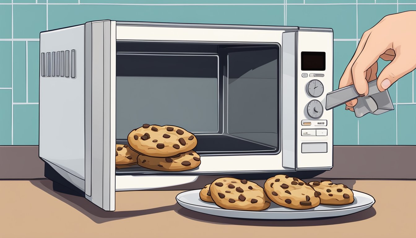 A microwave with a plate of chocolate chip cookies inside, a hand pressing the keypad to set the time