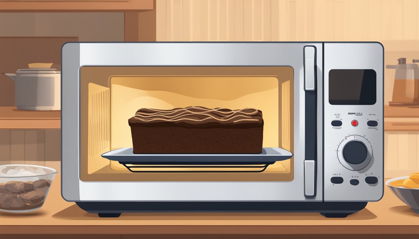 A microwave with a plate of brownies inside, steam rising from the warm dessert, a fork nearby