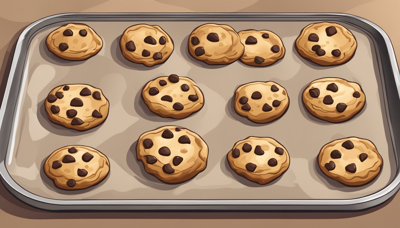 A chocolate chip cookie placed on a baking sheet in a warm oven, with a faint aroma of melting chocolate in the air