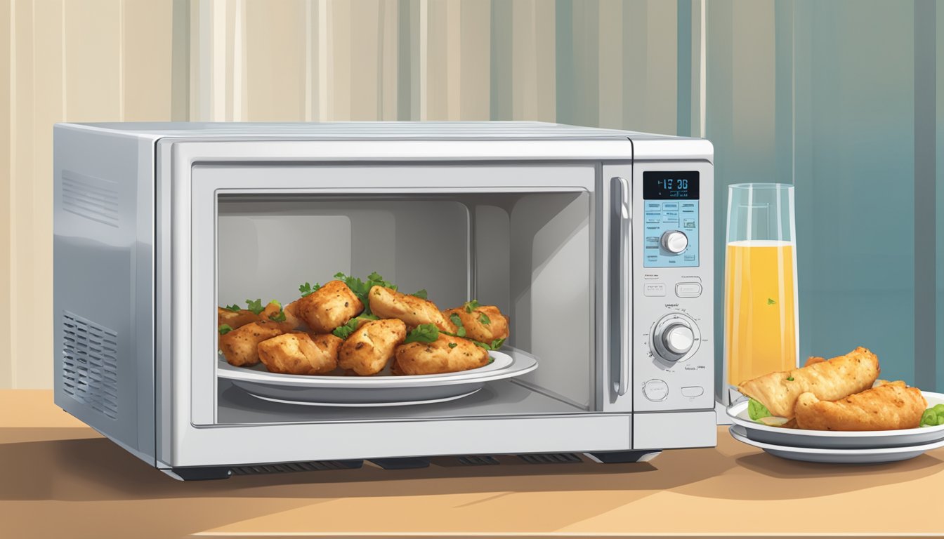 A microwave with a plate of chicken souvlaki inside, a glass of water next to it