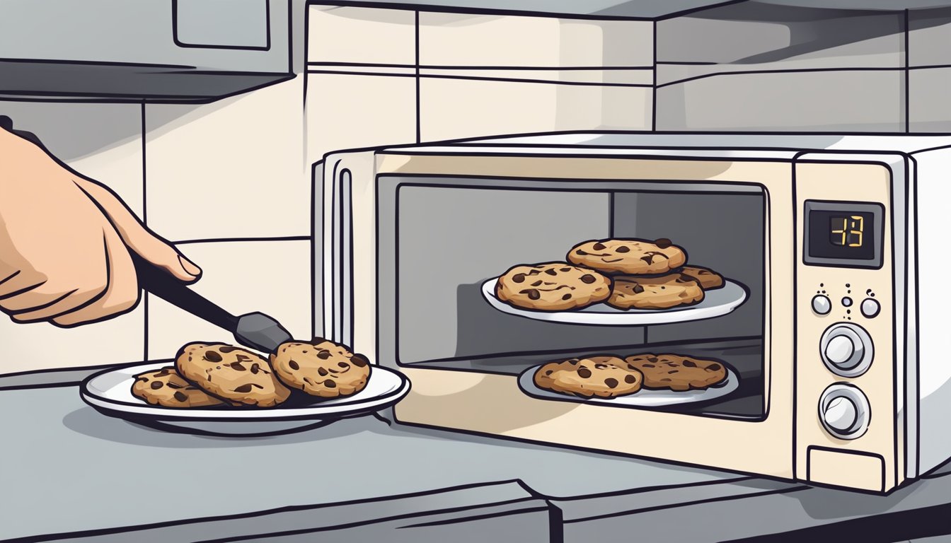 A hand reaching into a microwave to remove a warm chocolate chip cookie from a plate