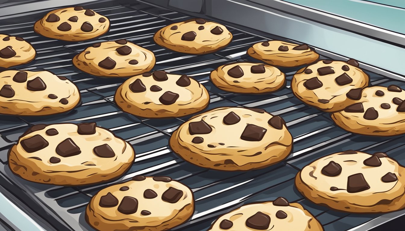 A chocolate chip cookie sitting on a baking sheet in a preheated oven. Heat waves radiate evenly around the cookie, ensuring thorough reheating