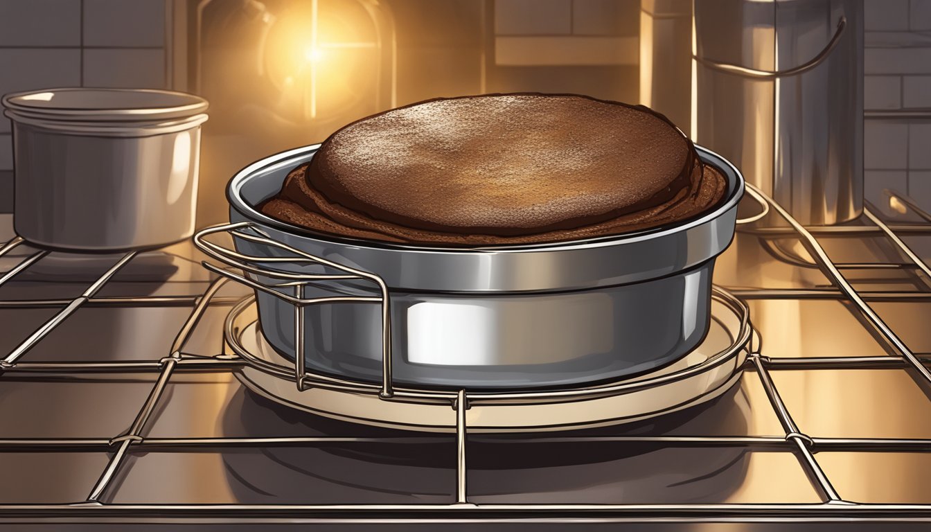 A chocolate soufflé sits in a ramekin on a wire rack inside a preheated oven, surrounded by a warm golden glow