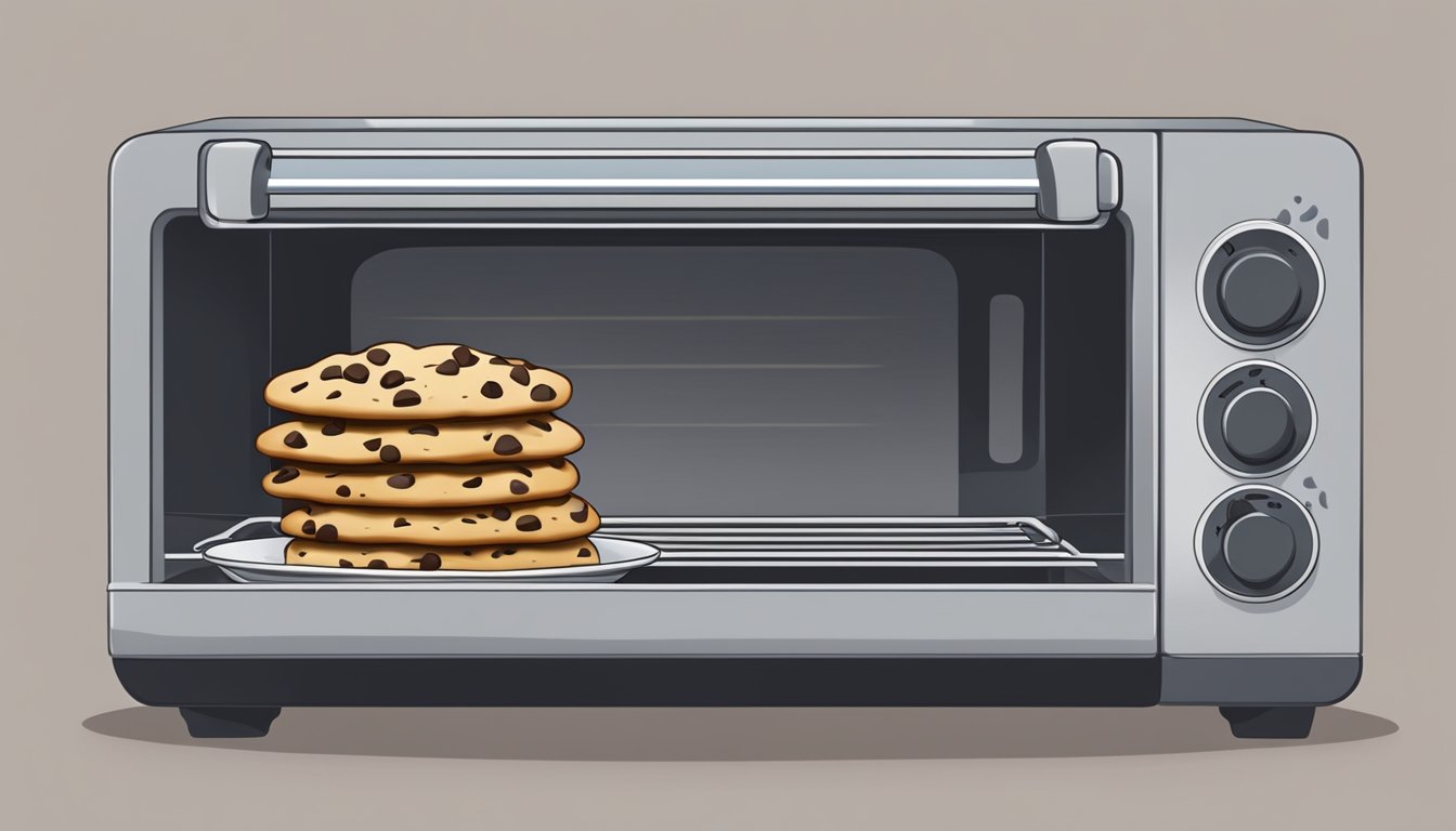 A warm chocolate chip cookie sits on a plate, steam rising as it is being gently warmed in a toaster oven