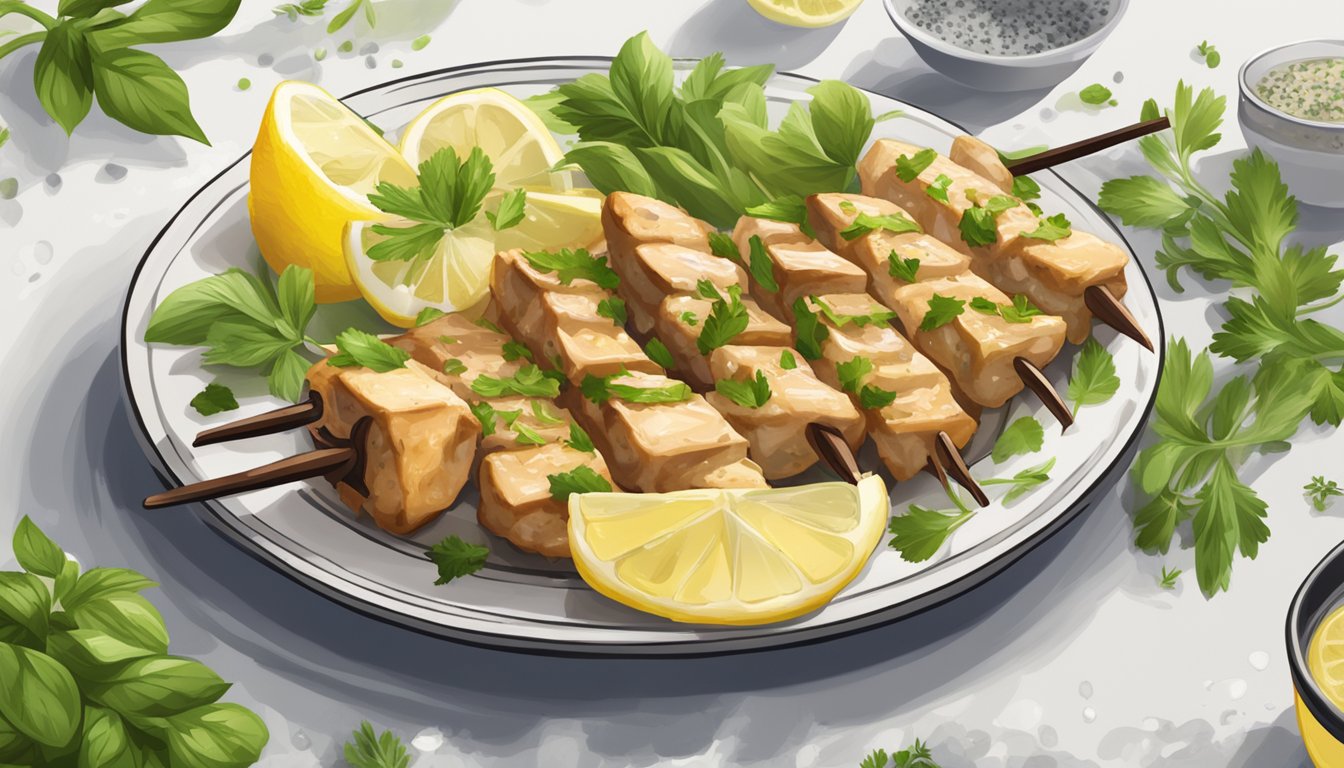 A plate of reheated chicken souvlaki, steam rising from the tender meat, surrounded by fresh herbs and lemon wedges