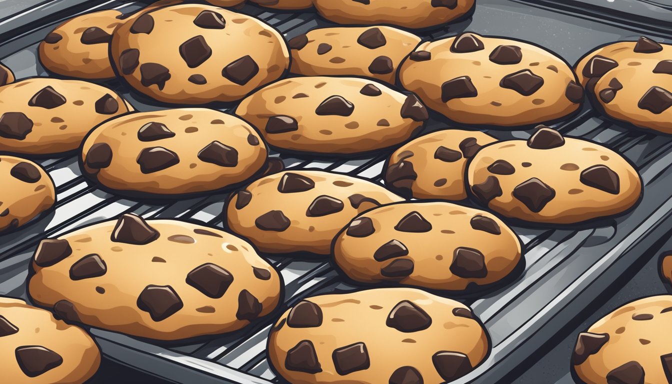 A chocolate chip cookie sits on a baking sheet in a warm oven, steam rising as it reheats