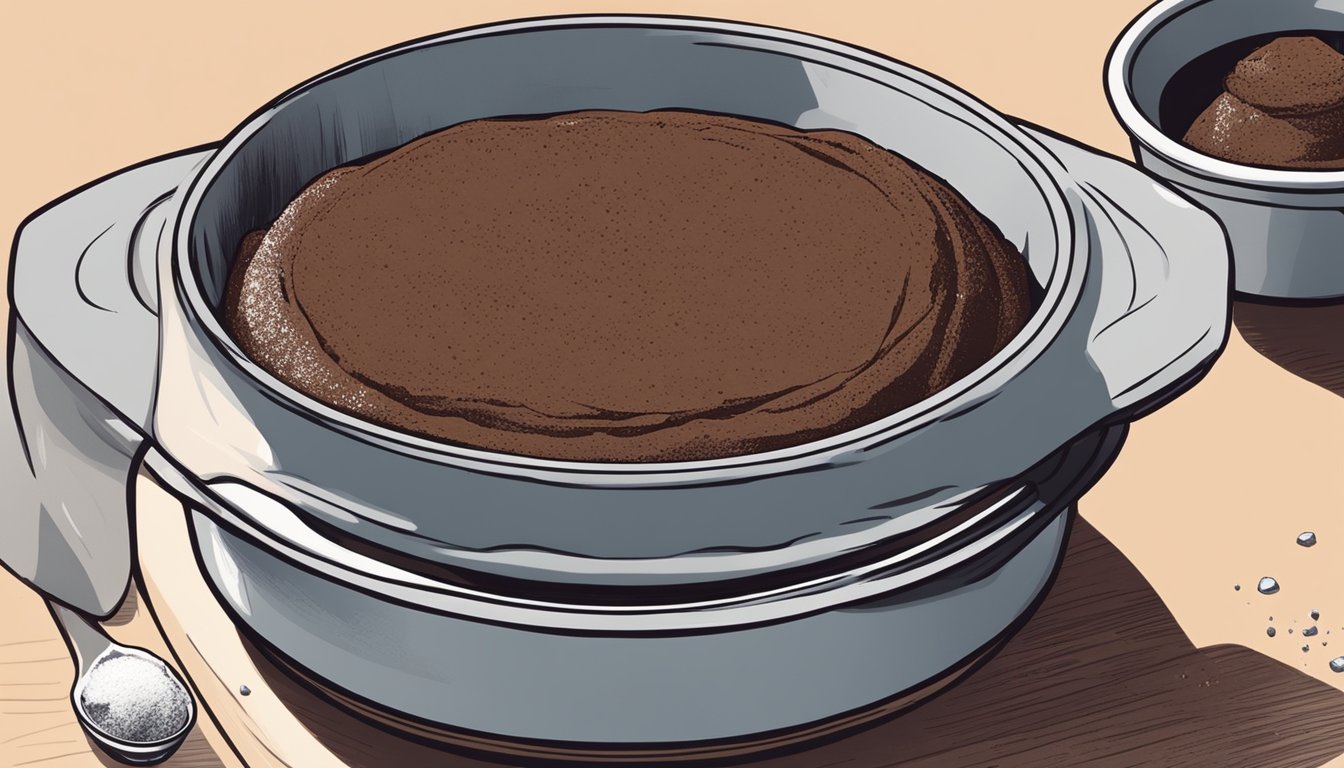 A chocolate soufflé in a ramekin placed in the center of a baking sheet, with a small bowl of powdered sugar and a sieve nearby