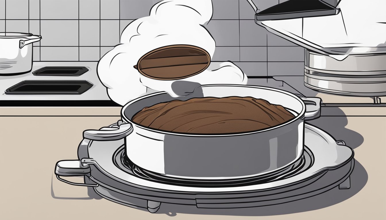 A chocolate soufflé being carefully placed into a preheated oven for reheating