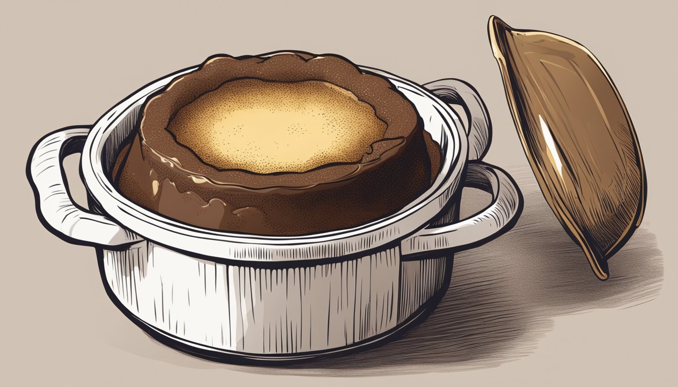 A perfectly risen chocolate soufflé sits in a ramekin, steaming as it emerges from the oven. A delicate golden crust forms on top, while the inside remains soft and gooey