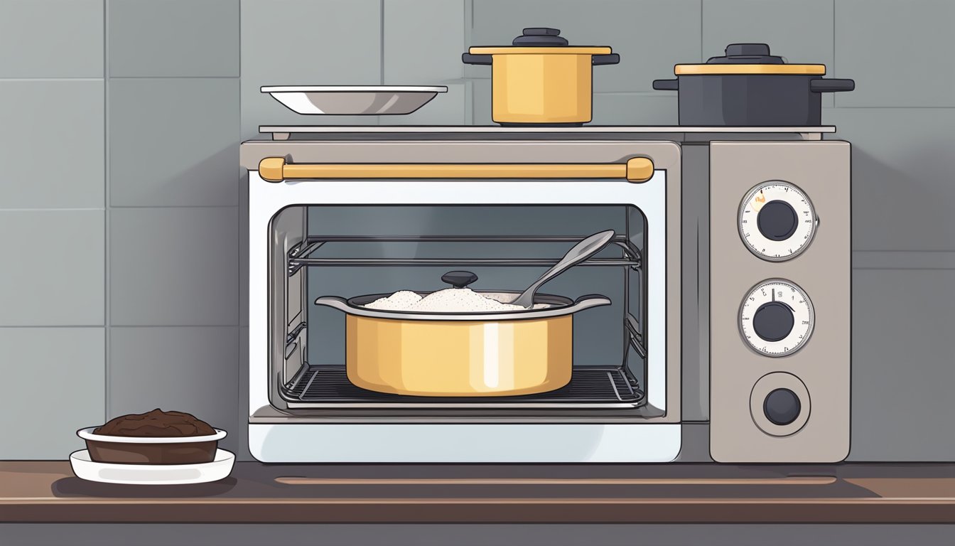 A chocolate soufflé being gently reheated in a preheated oven, with a timer set and a fork ready for sampling