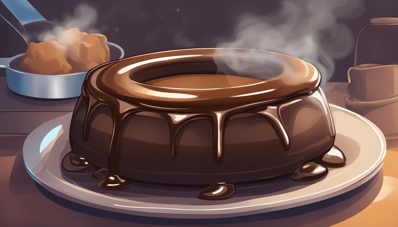 A chocolate lava cake placed in a preheated oven, with steam rising from the hot surface